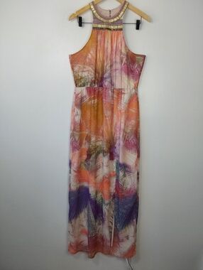NWOT Charlie Jade Tropical Palm Print Beaded Halter Neck Maxi Dress Resortwear